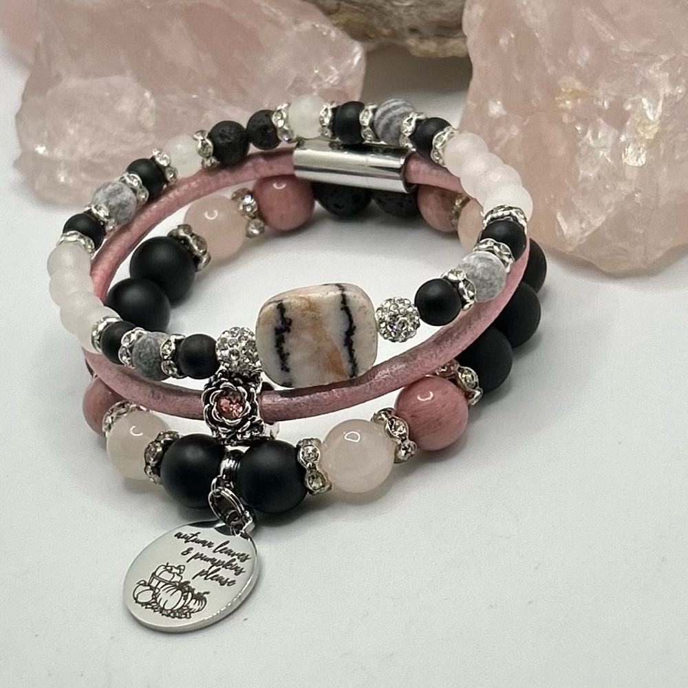 Pink and Black semiprecious stone Beaded Bracelet with leather Set